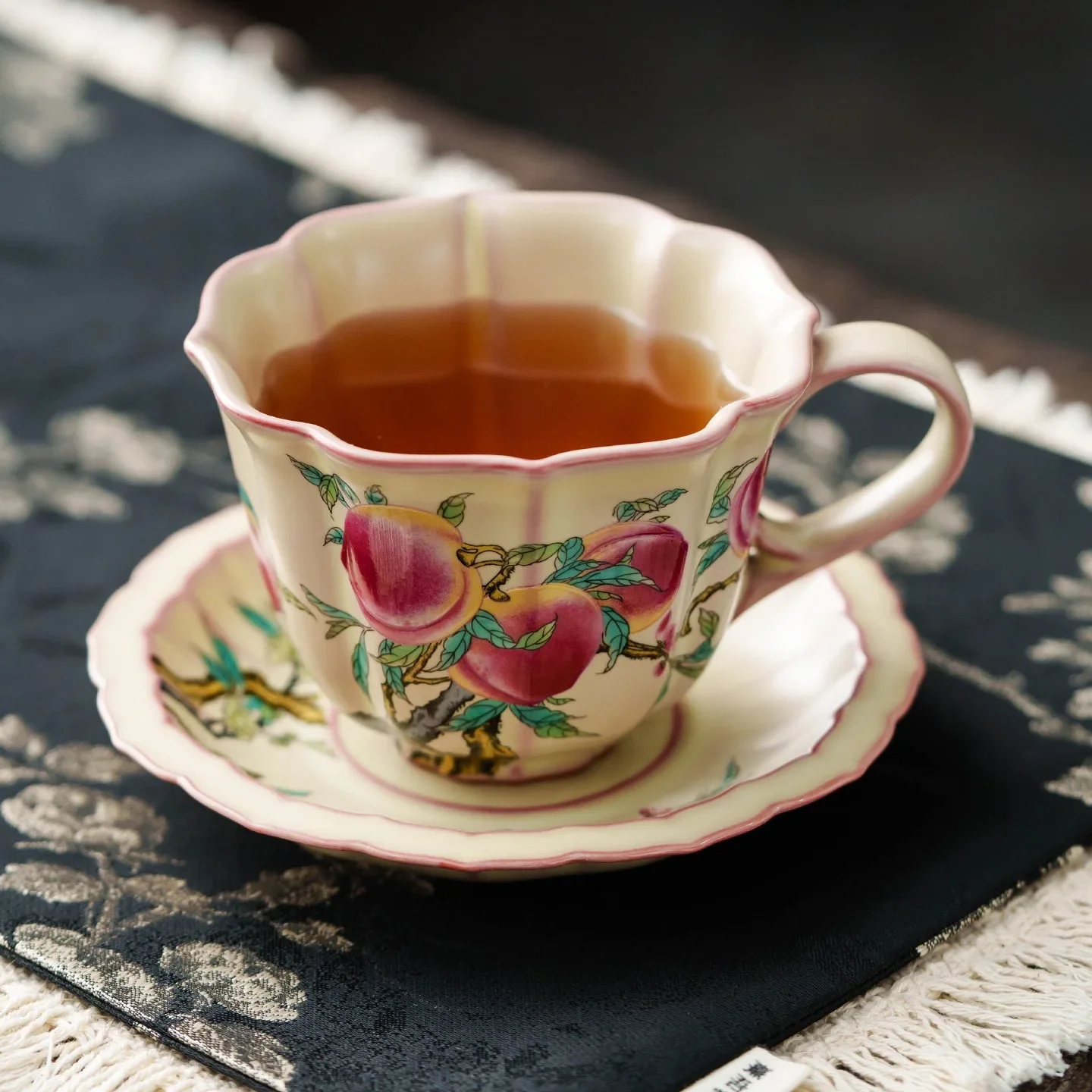 180ML Huang Ru Lard Frozen Nine Peach Coffee Cup Ceramic Latte Cup High Value Afternoon Tea Tableware Red TeaCup Tea Maker Tool
