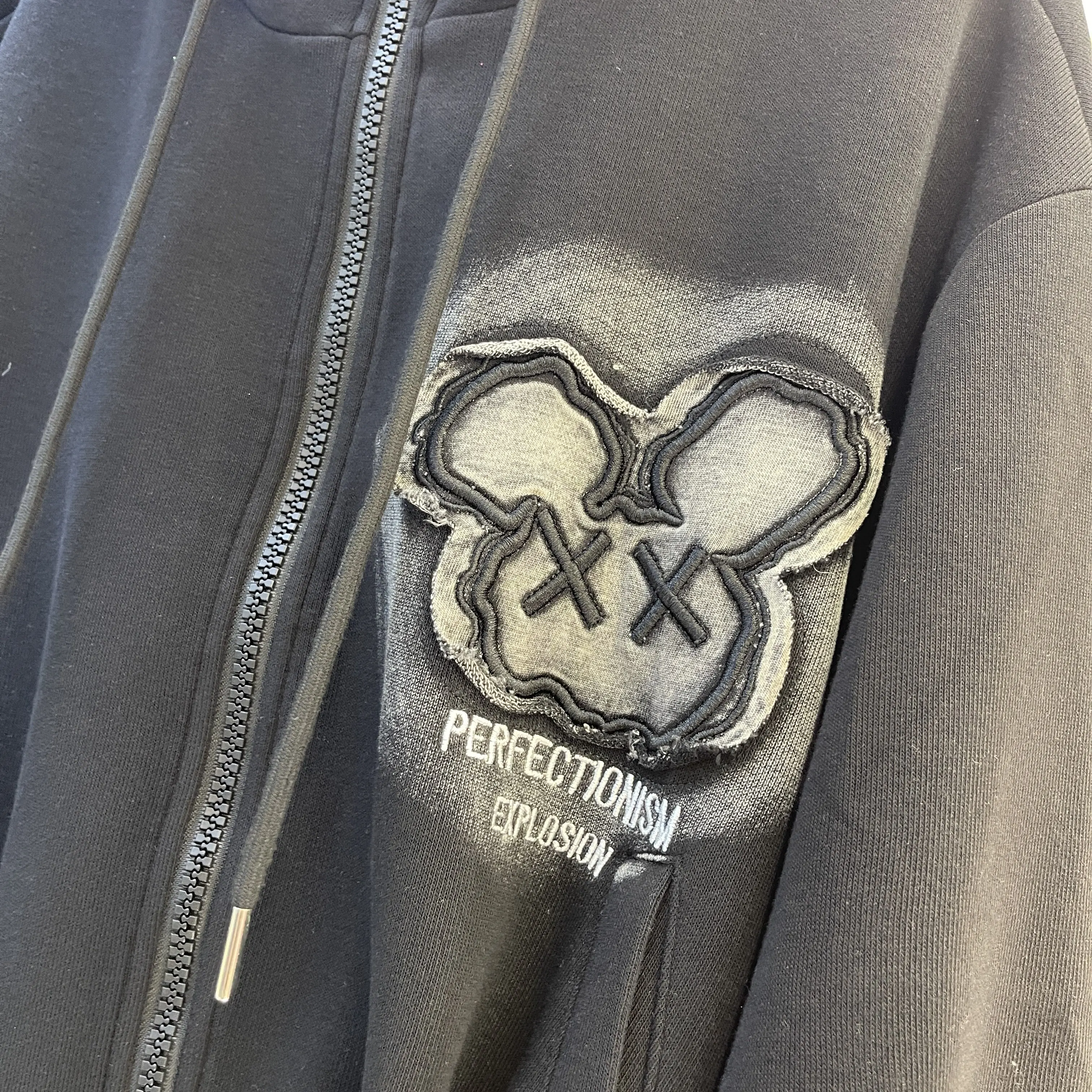 European Fashion Cartoon Bear Hoodie for Women 2025 Autumn Winter Mid-Length Letter Zip Up Black Sweatshirt Trendy Coat