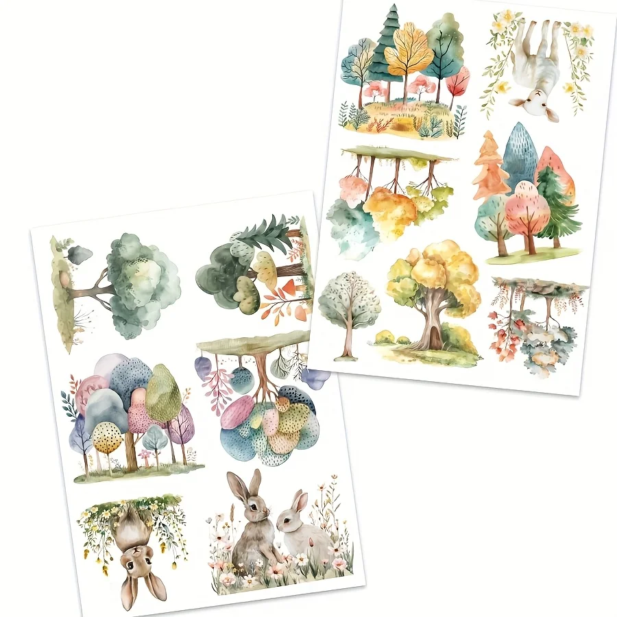 JAIIMAN 87–96 Stück Kunstaufkleber, Waldansicht und Tier mit Baum, Kaninchen, Blumenmuster, für Urlaubsdekoration, Scrapbooking, Albumdekoration – Detail 5