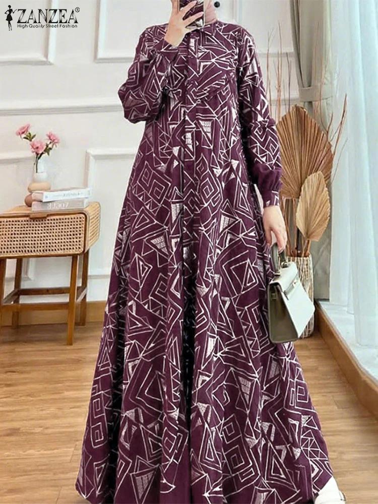 

2025 ZANZEA Fashion Muslim Abaya Dress Women Elegant Long Sleeve Printed Sundress Eid Mubarek Robe Femme Turkey Kaftan Vestidos