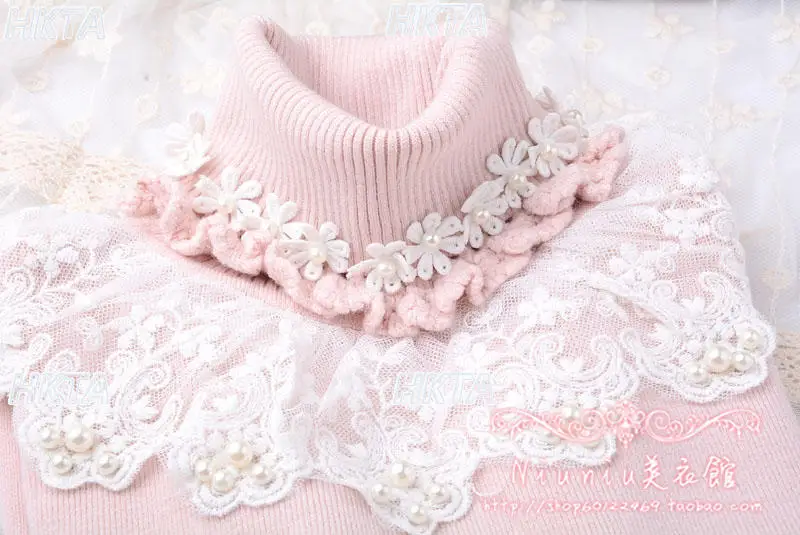 

Autumn Winter Sweet Floral High Neck Lace Trim Black Sweater Knitted Base Shirt Women Fashion Pullover Slim Fit Sweater Girls