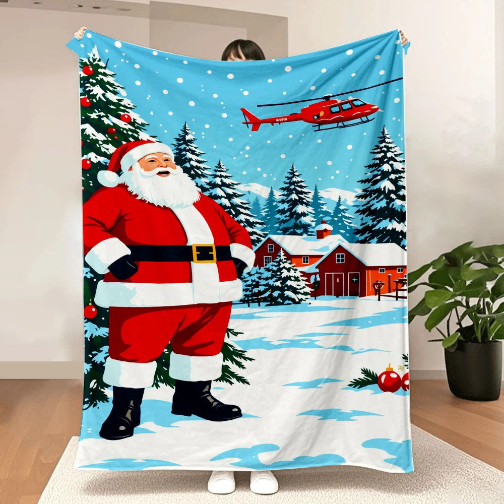 1PC Santa and Helicopter Print Blanket-Made of soft, fluffy flannel, perfect for a sofa, bed or lounge chair. Ideal for Christma