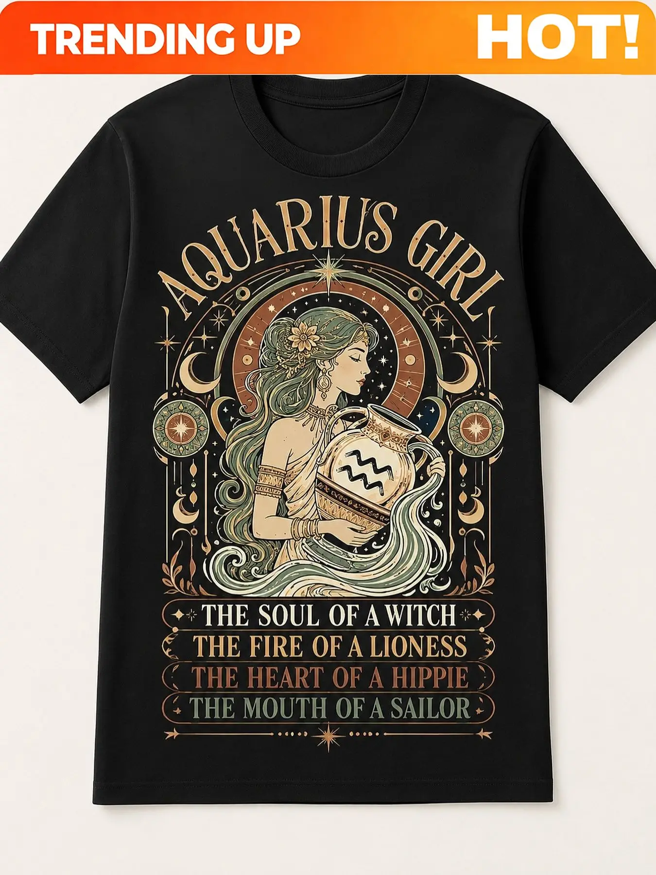 Customization For Aquarius Zodiac Witchy Woman Graphic T-Shirt - Vintage Retro Astrology Tee With Soul Of A Witch Quote - Black