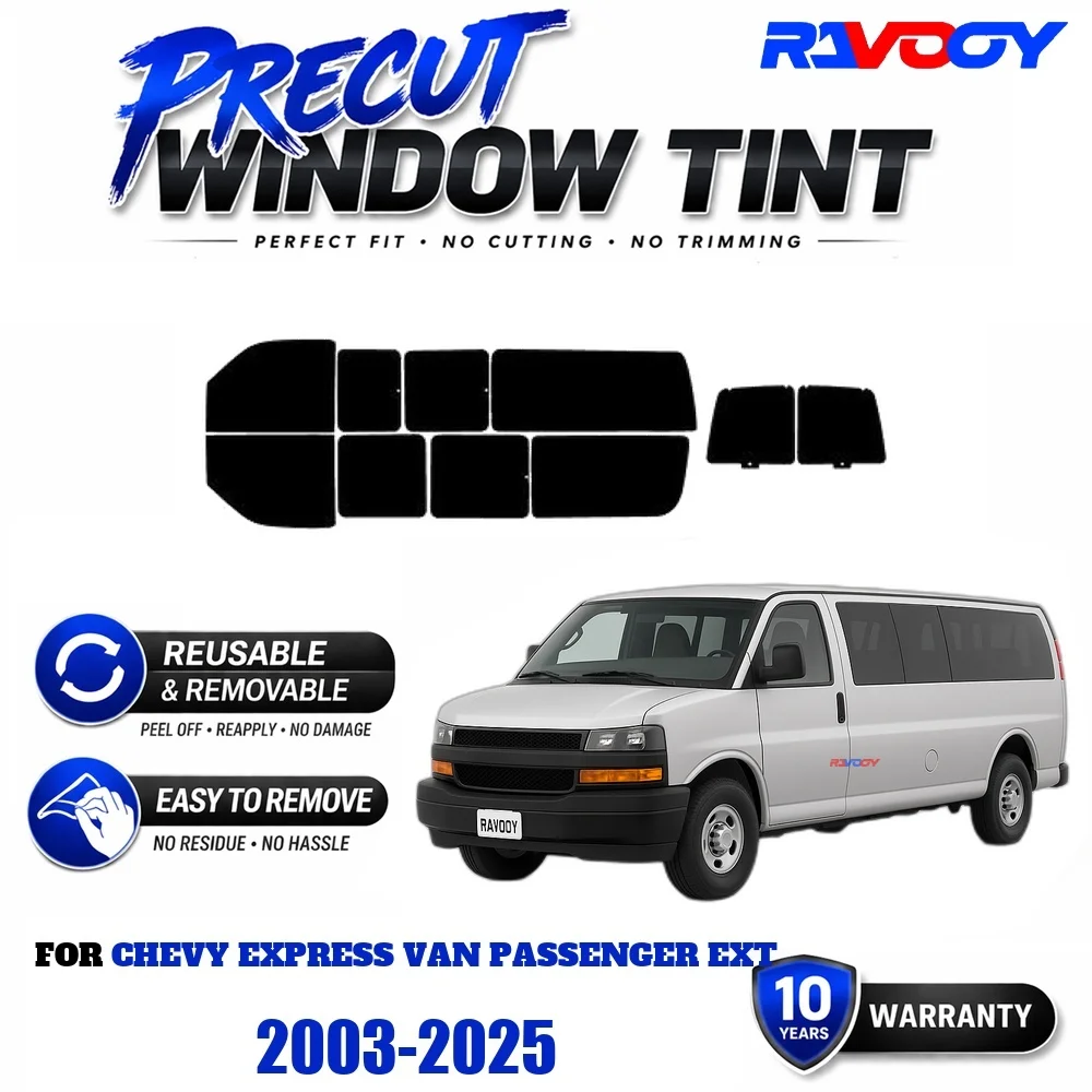 Film teinté prédécoupé pour vitres, film EPU réutilisable et amovible, ajustement personnalisé pour Chevrolet Express Van Passenger EXT 2003-2025, protection UV et thermique