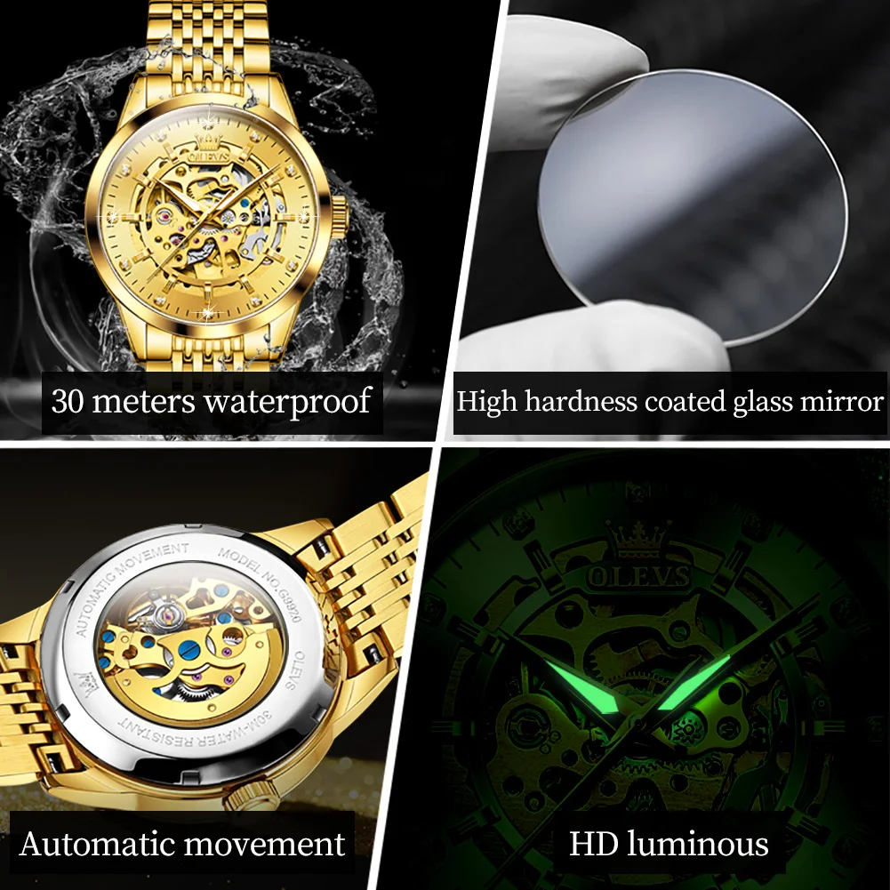 OLEVS 9920 Luxury Men\'s Watches Golden Hollow DIal Automatic Mechanical Wristwatch Waterproof Luminous Watch for Man Fashion