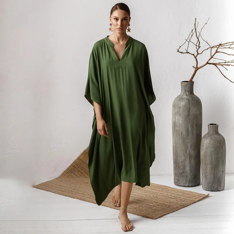Swimsuit Cover Up Women Kaftan Beach Tunic Solid V Neck Elegant Summer Long Dress Loose Beachwear Bathing Suit Swimwear