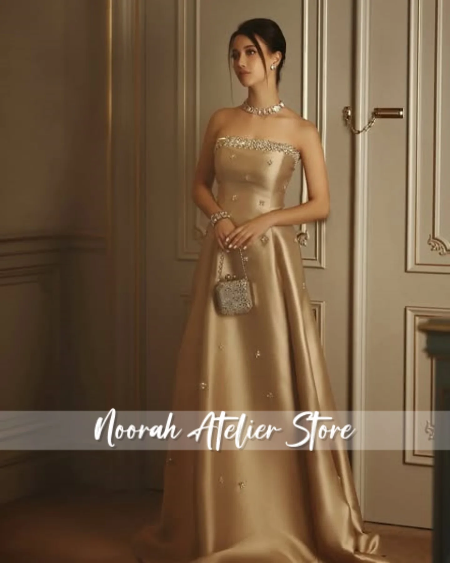 Elegant Champagne Beaded Strapless Saudi Arabia luxury Evening Dresses 2025 Aline wedding Dresses فساتين سهرة Long Customized