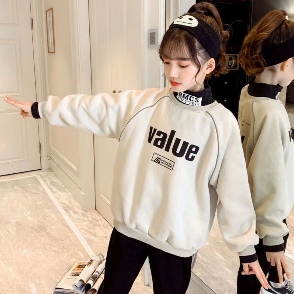 

Girls Boys Casual Printed Letter O-neck Solid Full Sleeves Thicken Plus Velvet Warm Hoodies Korean Sporty Autumn Winter New Tops