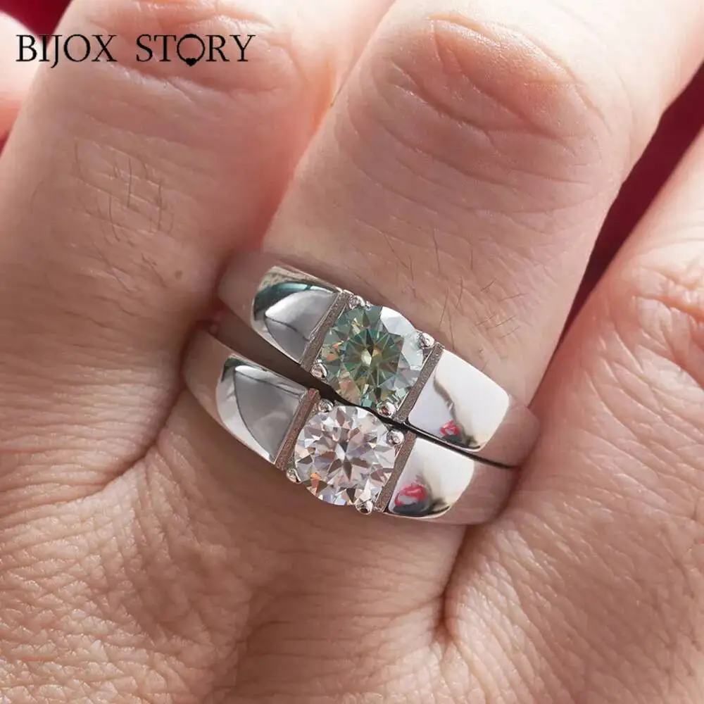 BIJOX STORY 1ct Moissanite Rings 925 Sterling Silver Men's Ring Simple Classic Couple Wedding Ring Four Claw Silver Fine Jewelry