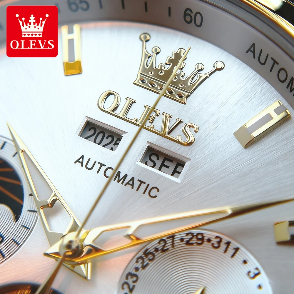 ساعات رجال الأعمال OLEVS من الفولاذ المقاوم للصدأ موضة أصلية ساعة يد ميكانيكية أوتوماتيكية مقاومة للماء تقويم مرحلة القمر جديد