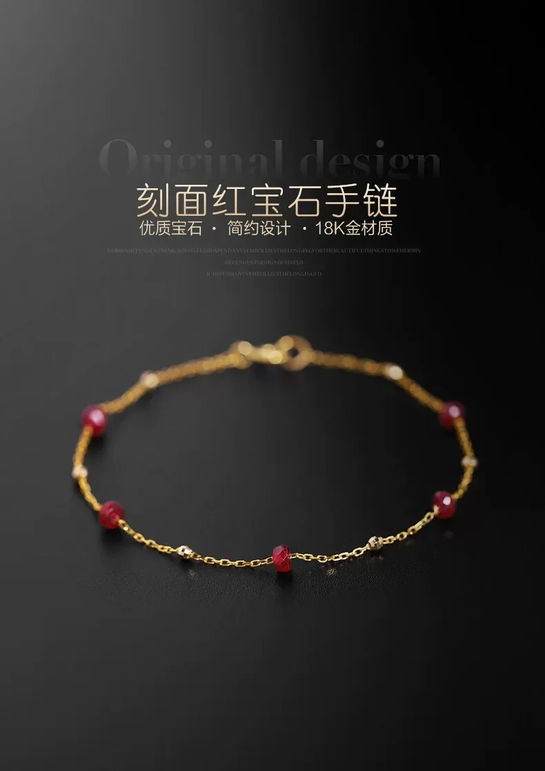 

New Real 18K Yellow Gold Natural Ruby bracelet Au750 Fine Jewelry Round Aniversary Gift For Women S511