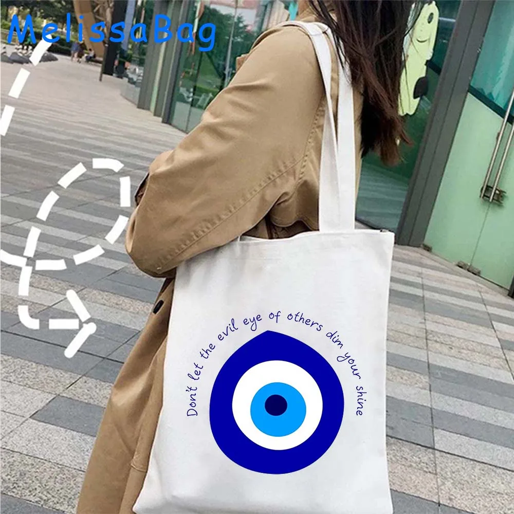 Borsa a tracolla in tela colorata Mati Blue Evil Eye Moon Mandala Flower Masallah Nazar Harajuku Shopper borsa in cotone riutilizzabile