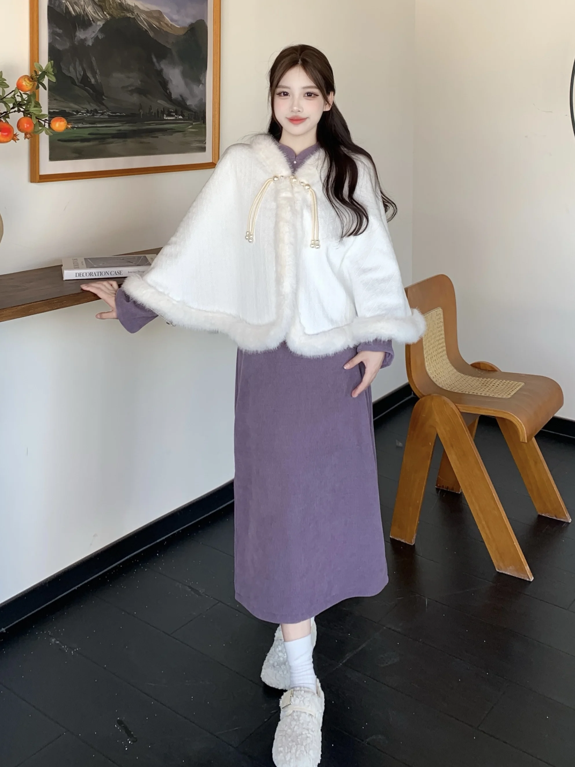 

New Chinese Style Two-Piece Set Women's Slim Fit Dress plus Size Cover Belly Slimming Cloak Shoulder Pad