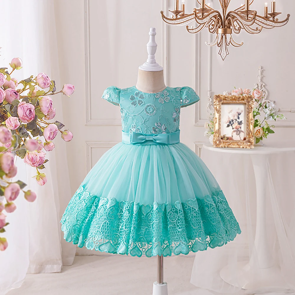 HETISO Retro Embroidery Baby Girl Dress Sequins Flower Children New Year Birthday Party Costume Kids Christmas Gown 1-7Y
