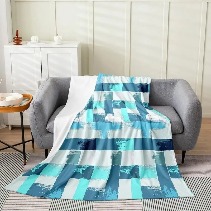 All Season Geometric Bed Blanket,Stripe Line Grey Blue Flannel Fleece Throw Blanket Modern Art Fuzzy Blanket for Kids