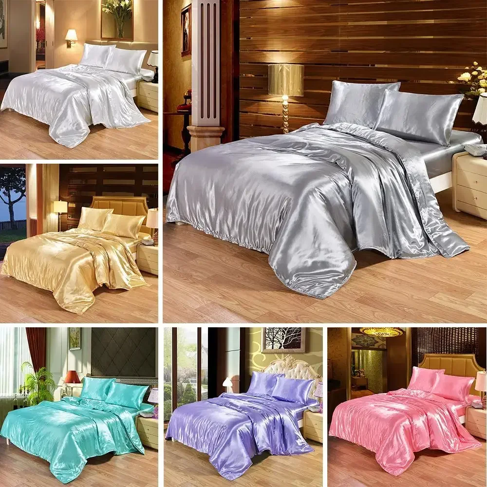 30Bedding Set 4 Pieces Luxury Satin Silk Queen King Size Bed Set Comforter Quilt Duvet Cover Flat and Fitted Bed Sheet Bedcloth