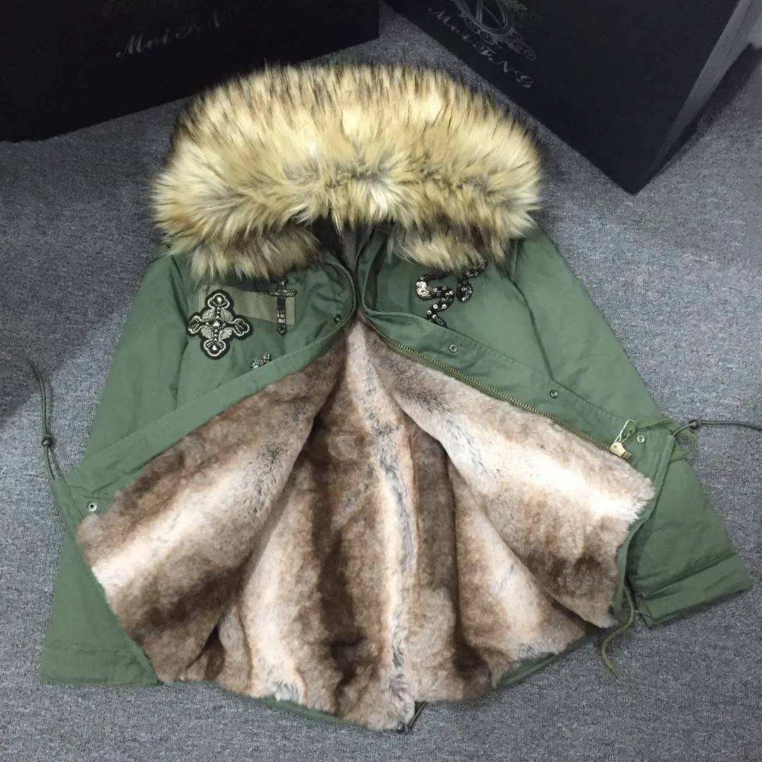 Beaded Parka Short Style For Women And Men Natural Color Faux Rex Rabbit Fur Lined Jacket With Faux Fur Collar