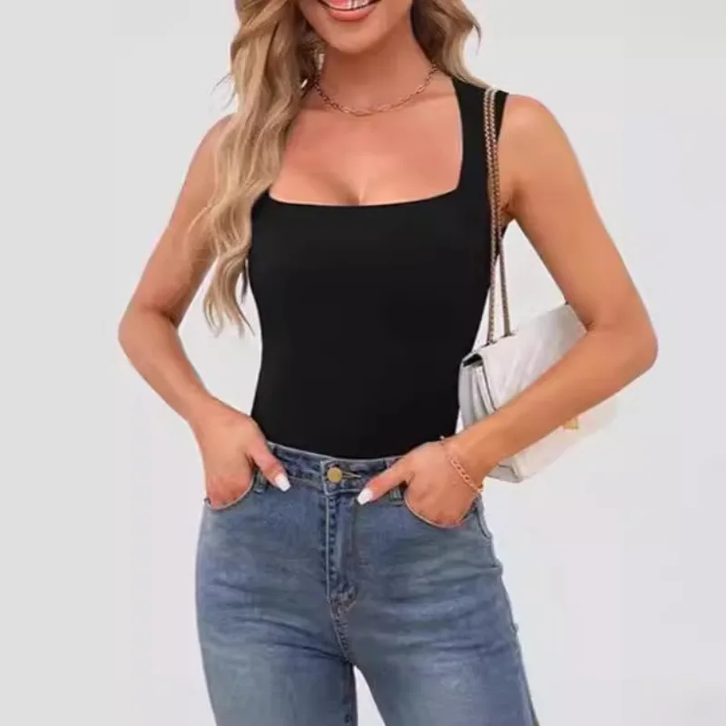 Sexy Slimming T-Shirts for Women Fashion Square Neck Sleeveless Tops Harajuku Tanks Woman Clothes Casual Top Tees Streetwear