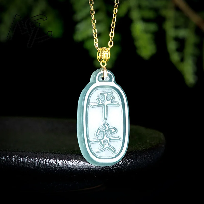 S925 Silver Natural Blue Water Jade Safe and Sound Pendant Necklace Carved Charm Jadeite Jewelry Fashion Amulet Gifts Men Women