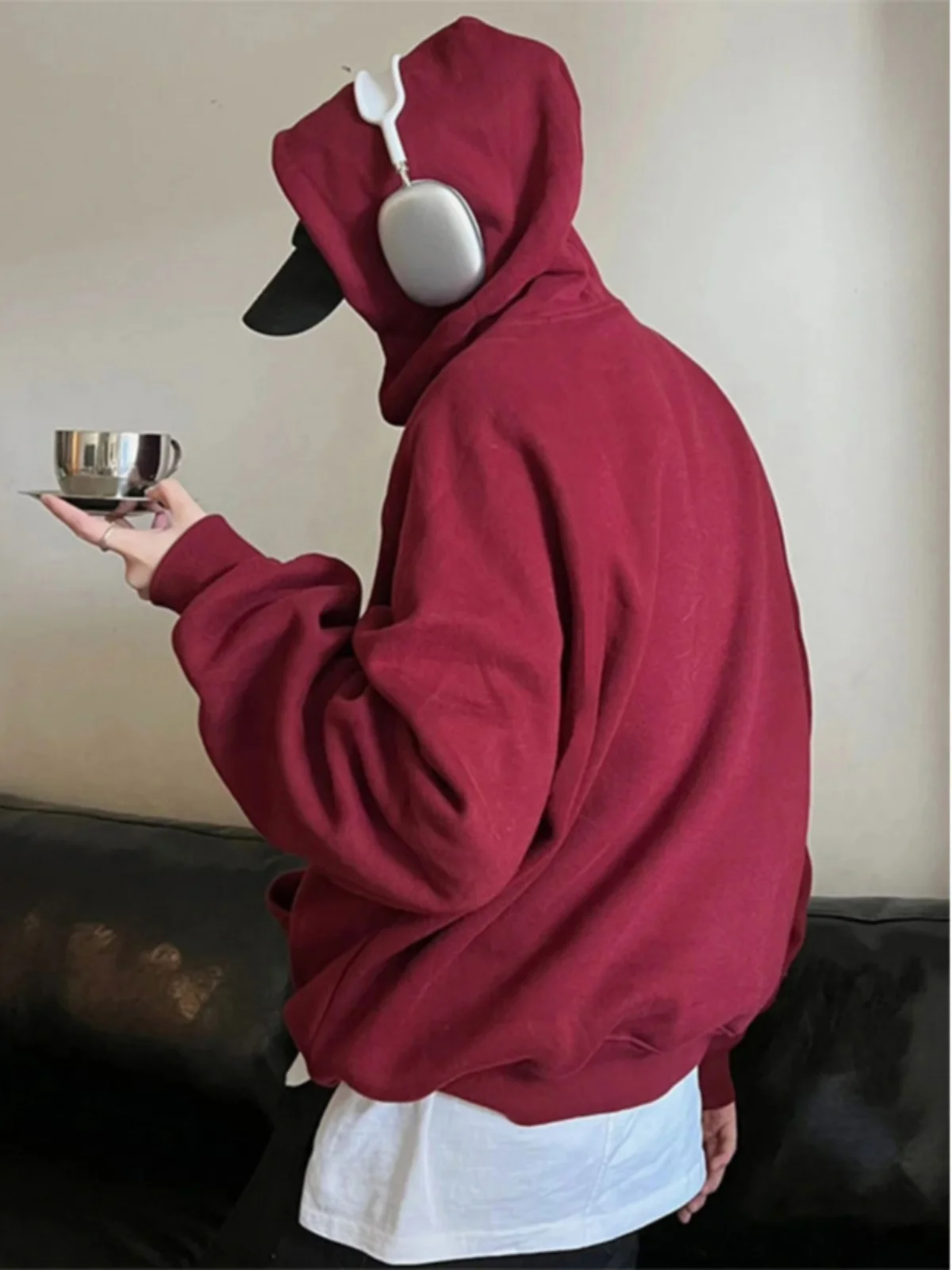 

Heavyweight American Sle Hoodie Men's Wine Red Double Layer Hard And Stiff Cleanfit Jaet Loose Fit Casual Polyester Fiber