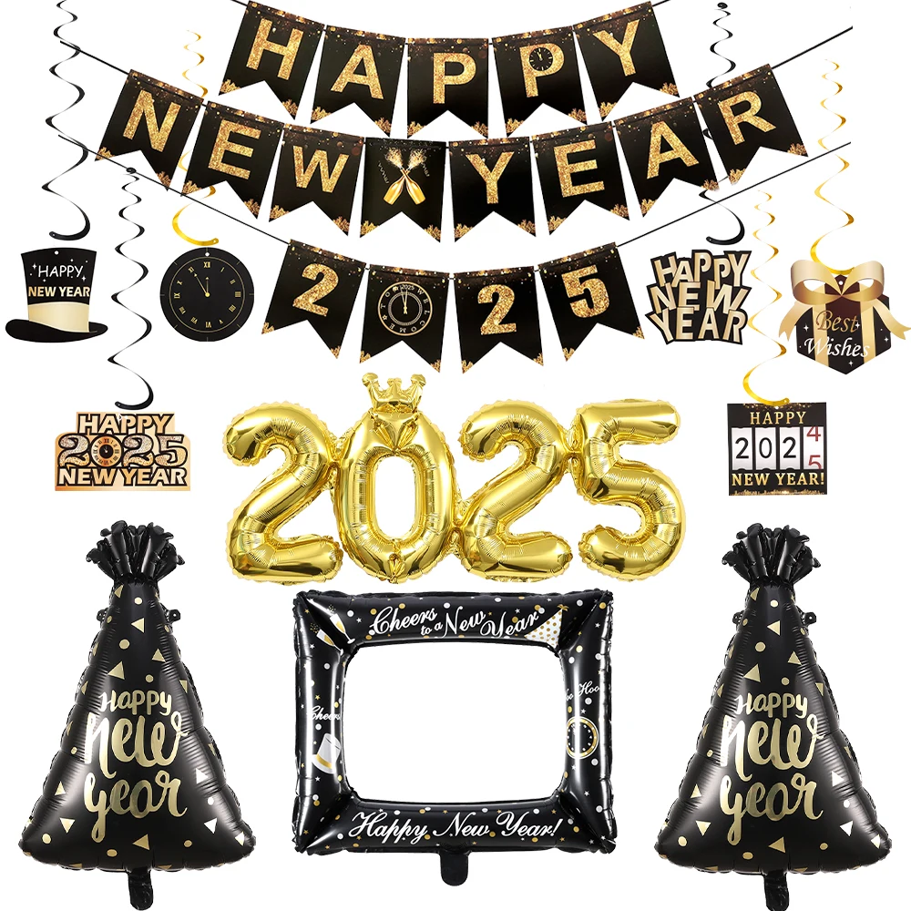 

2025 New Year Eve Party Decor Happy New Year Banner Black Gold Hat Photo Frame Foil Balloon New Year Christmas Party Supplies