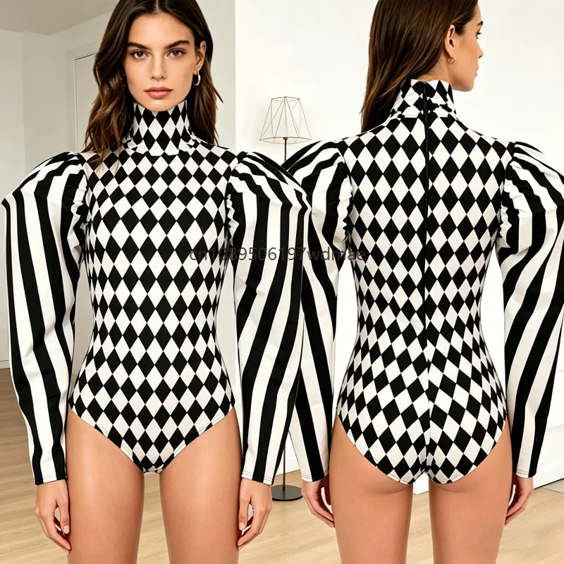 

Retro Black White Rhombic Bodysuit Women Puff Long Sleeve Striped with Shoulder Pads Music Festival Stage Clown Cosplay Costume