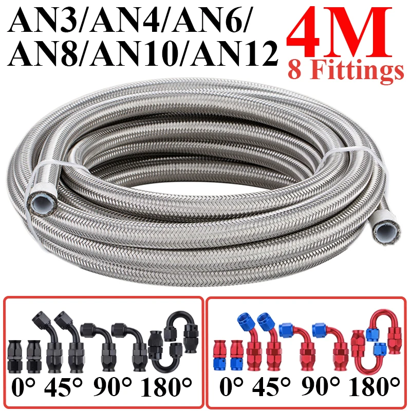 4M AN3 AN4 AN6/8/10 E85 Stainless Steel PTFE Fuel Hose Oil Gas Cooler Line Pipe Tube 2x0° 2x45° 2x90° 2x180° Swivel End Fittings