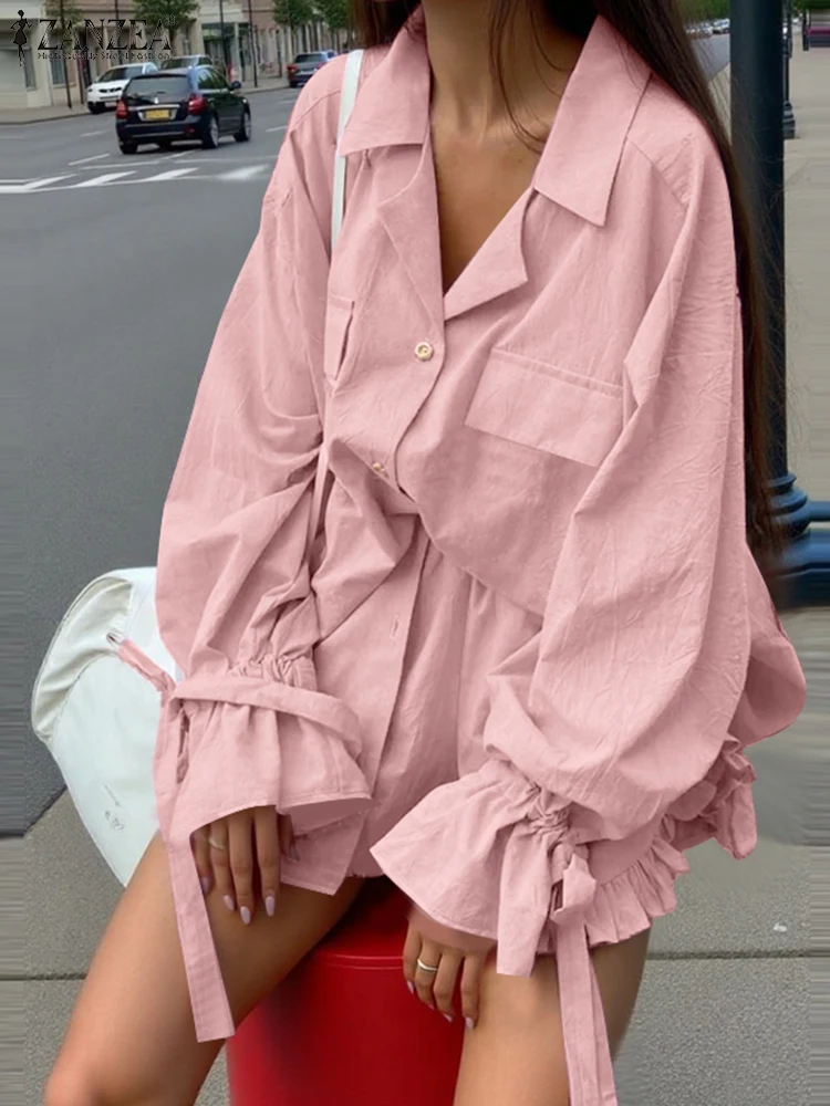 

ZANZEA 2025 Women Short Suits Sets Casual Ruffled Long Sleeve Shirts With Loose Shorts Summer Outfits Elegant Office Work Sets