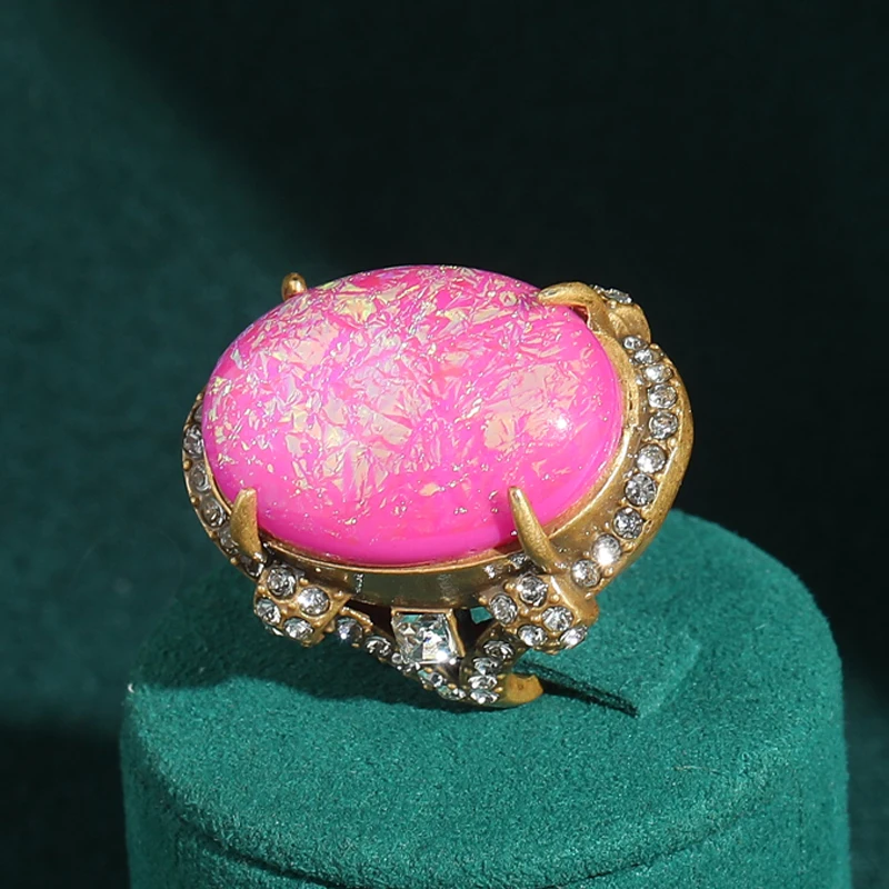 

Vintage Large Opal Ring Pink Antique Gold Color Luxury Quality Jewelry Designer Adjustable For Woman Accessories 2025 Trends