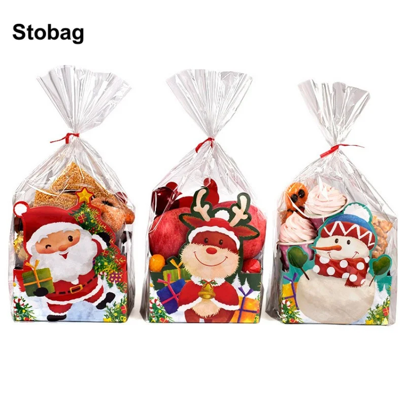 StoBag 20pcs Merry Christmas Candy Gift Packaging Cellophane Bag Cookies Baking Santa Claus Handmade Kids Party Favors New Year