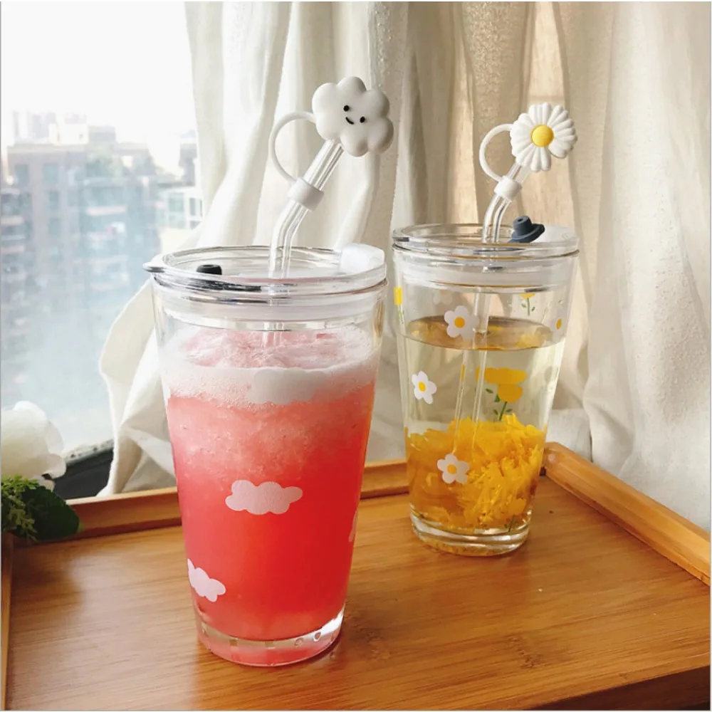 Cute Glass Cups With Straw Heat Resistant Coffee Milk Water Cups with Straw Cover Juice Smoothie Cold Drinks Straw Water Cup 1PC - view 4