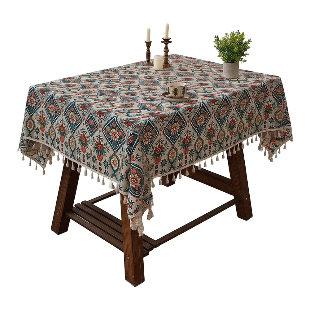 Ethnic Bohemian Tablecloth Featuring Vibrant Floral and Geometric Patterns with Decorative Tassel Trim for Home Use