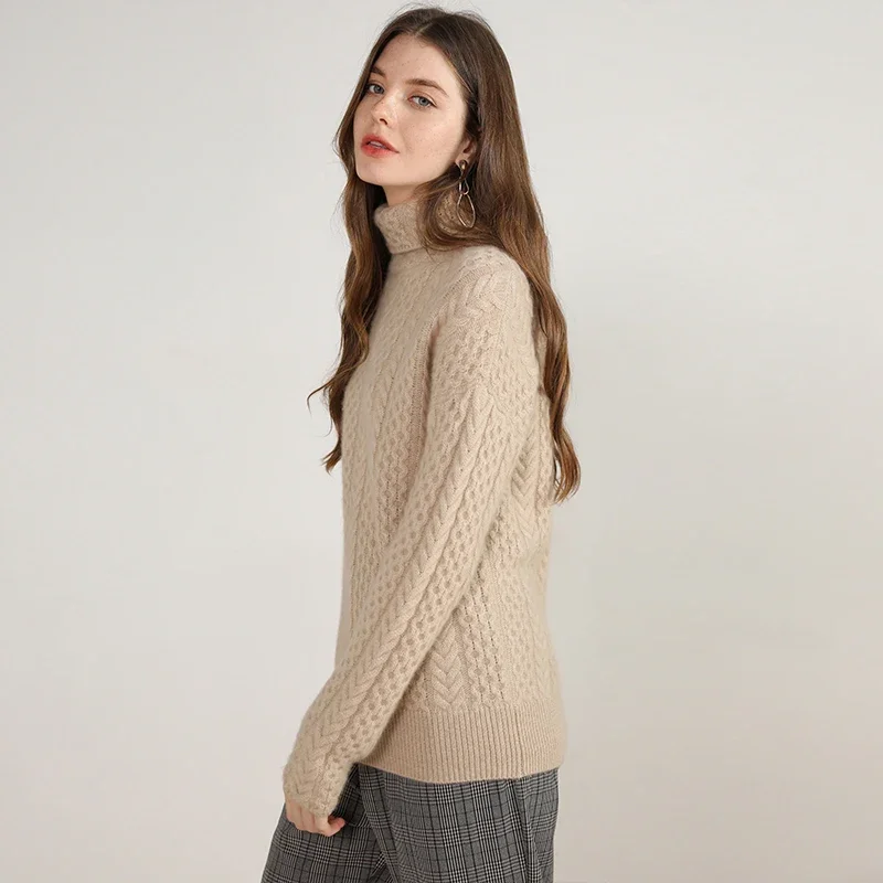 winter thick 100% cashmere sweater turtleneck woman warm pullovers cable knitted long sleeve soft ladies fashion knitwear