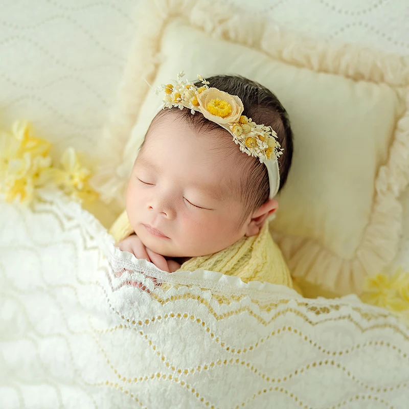 Alat peraga pemotretan bayi, Seersucker baru lahir membungkus renda telinga kelinci topi kepala bunga Studio aksesoris fotografi bayi latar belakang renda