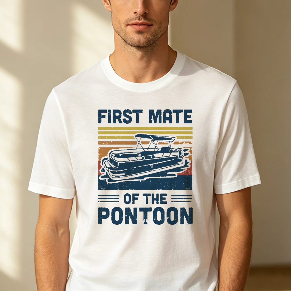 First Mate Of The Pontoon Retro Striped Boat Graphic Men Summer T Shirt Vintage Lakeside Leisure Statement Short Sleeve Garment