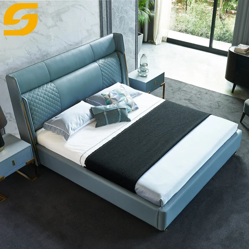 

Modern Luxury Furniture Blue Leather Queen Size Bed Wooden Bed Frame Bedroom Furniture Set Hotel Beds