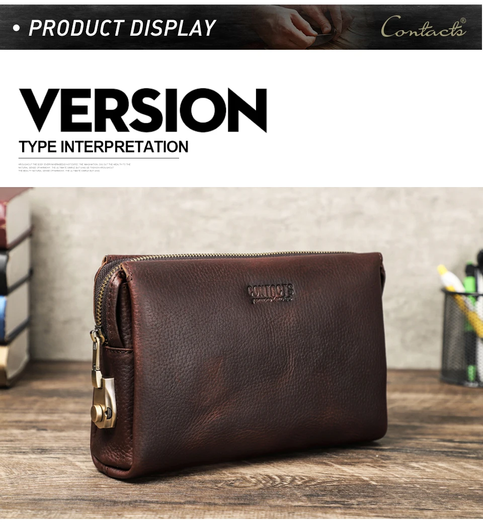 CONTACT'S Herren-Clutch mit Passwortschloss-Design, Langlebige Handtasche mit Reißverschluss, Herren-Geschäftslangbörse aus Echtleder, Handytasche – Detail 17