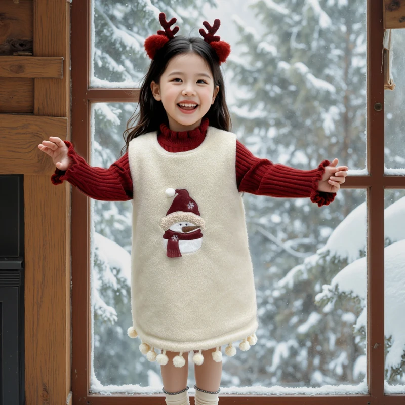 

2-9Year Baby Girl Sweet Princess Elegance Knit Warm Sweater+SnowMan Woolen Dress Clothes Casual Outfit Autumn Winter Kid Clothes