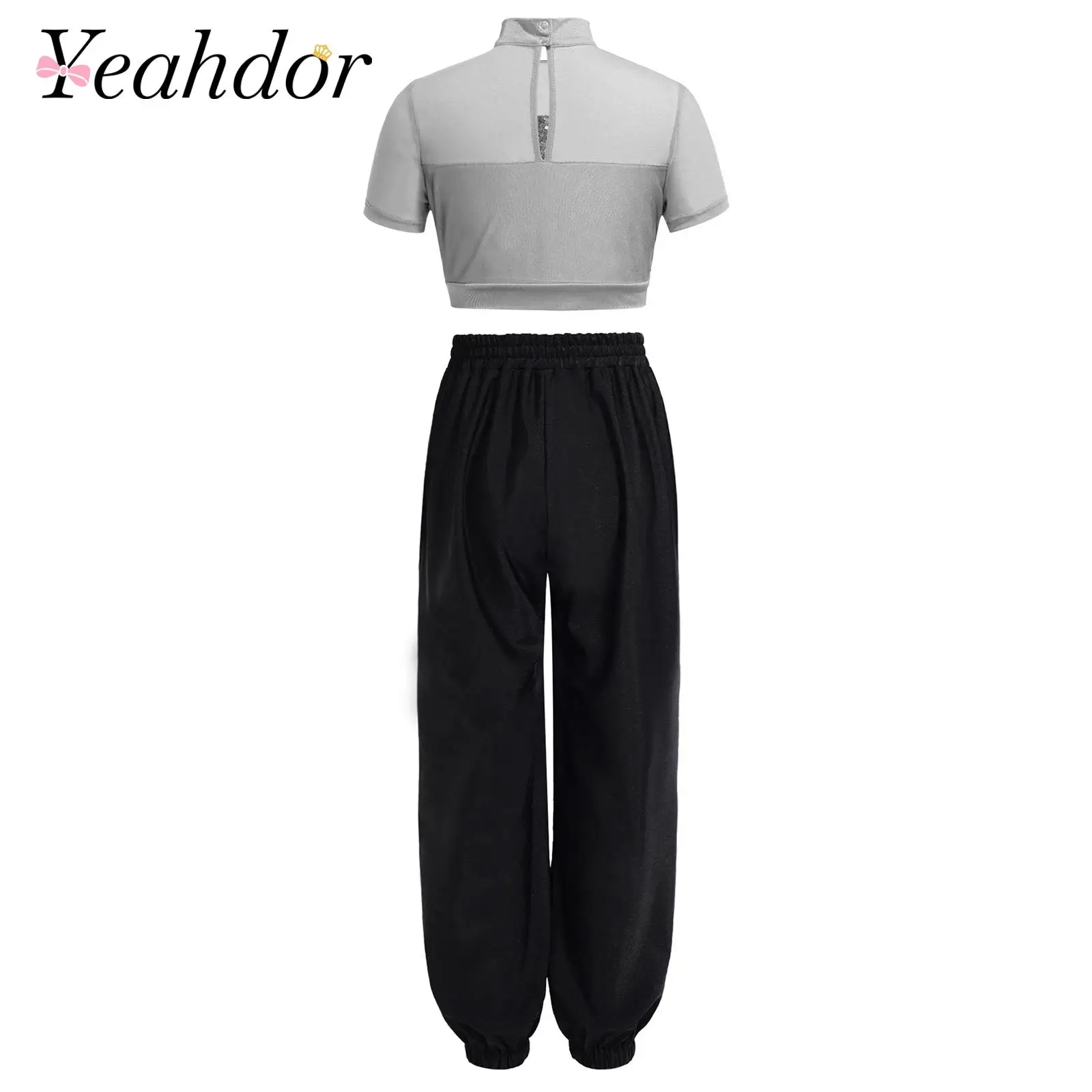 Kinder Mädchen Funkelndes Pailletten Hip-Hop Kleidungsset Jazz-Tanz-Outfit Mock Neck Mesh Patchwork Crop Top mit Hose Tanzbekleidungssets