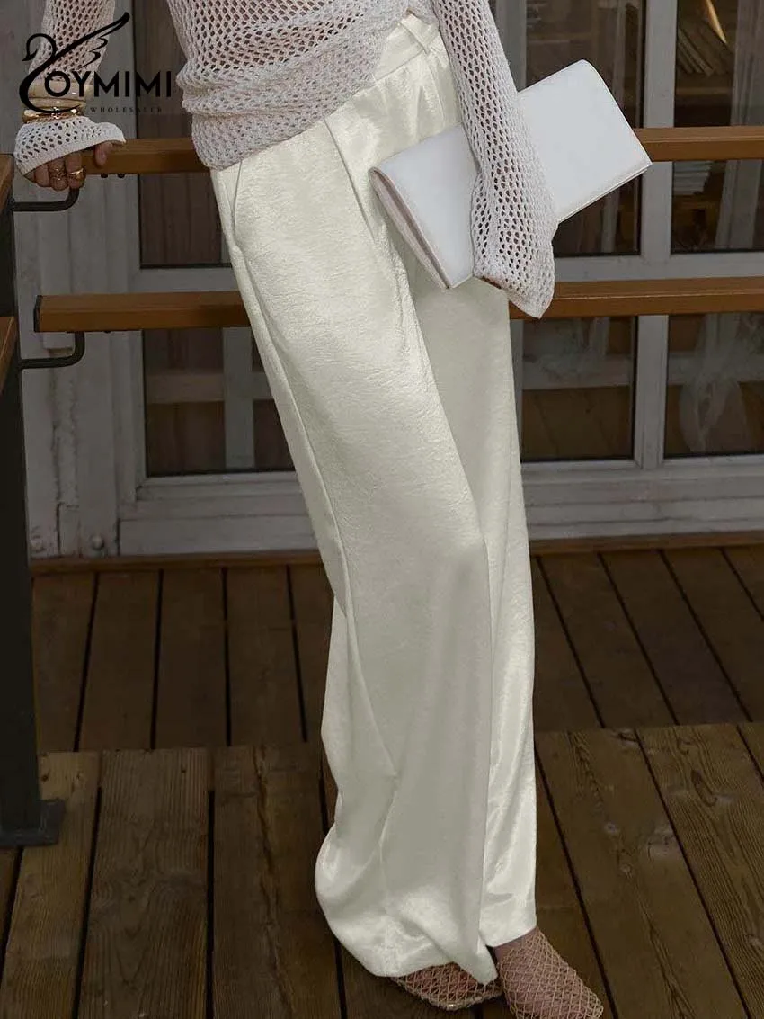 Oymimi Women's High Waist Wide Leg Pants 2026 Spring Cream White Textured Satin Trousers Loose Casual Elegant Office Party Pants
