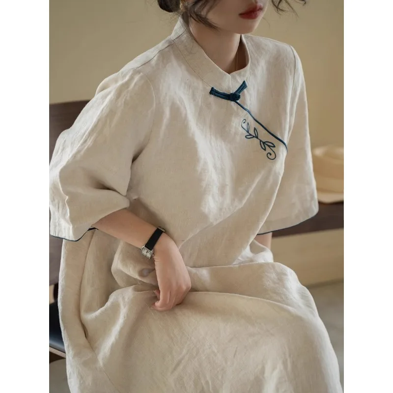 

Summer New Chinese Style Women's Long Dress Retro Cotton and Linen Loose Embroidery Half-sleeved Long Skirt Cheongsam Dresses