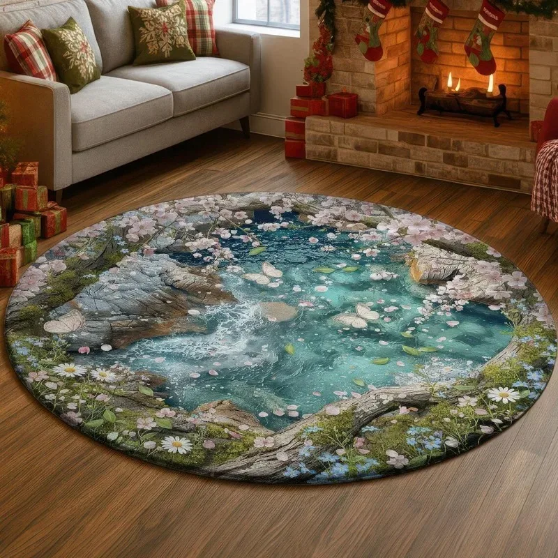 Round Anti-Slip Door Mat, 3D Stone Cave Design, Non-Slip Absorbent Rug, Home Entrance Decor for Living Room Bedroom Kitchen