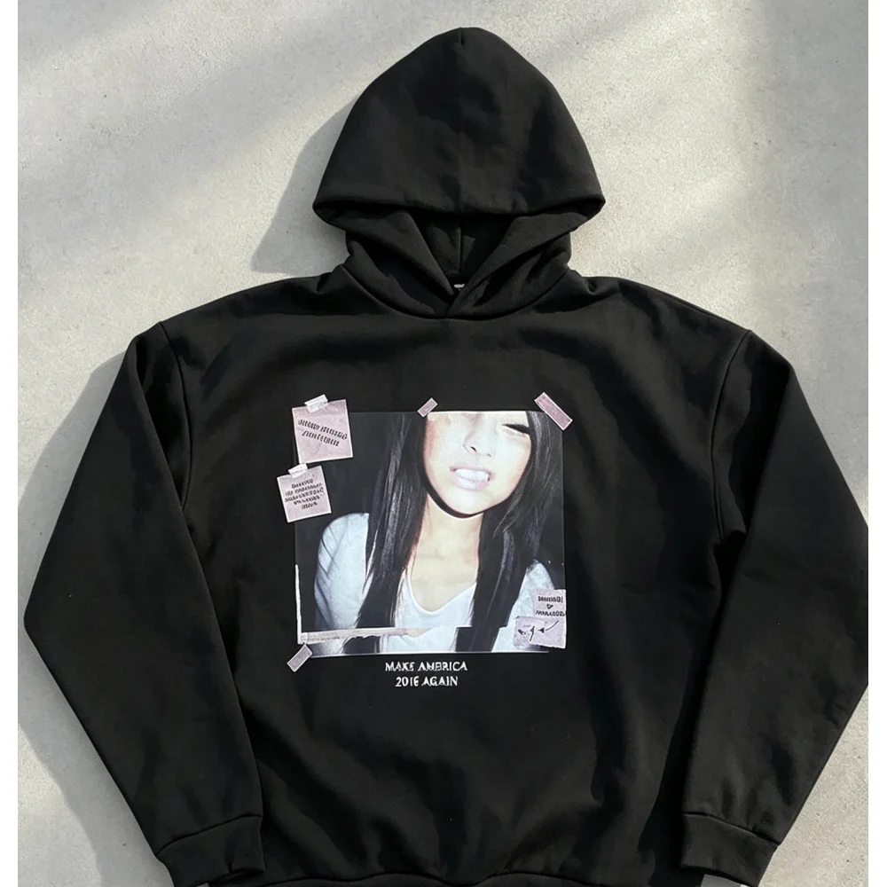 Y2K Aesthetic Hoodie Vintage Girl Portrait Tape Print Pullover Hooded Sweatshirt Oversize Loose Streetwear Black Casual Tops