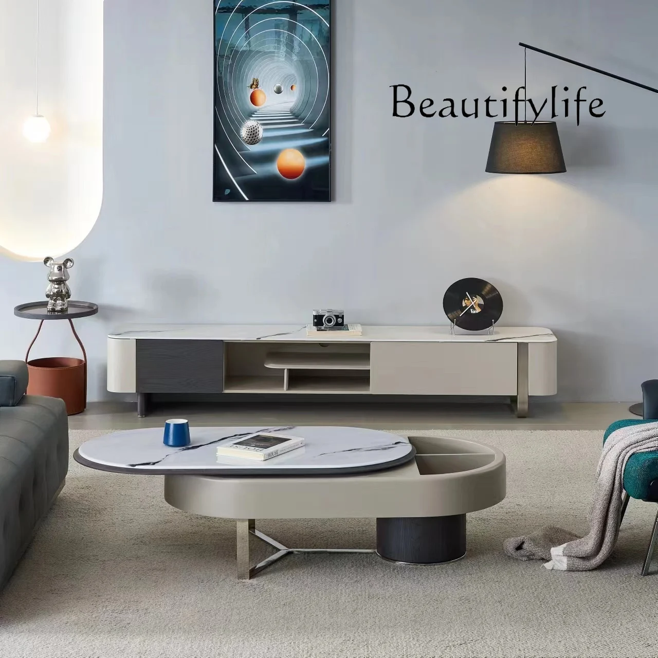 

Modern minimalist household living room microcrystalline stone square coffee table TV cabinet 2.2 meters creative coffee table