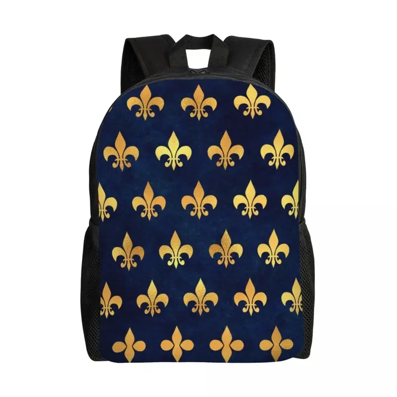 Royal Gold Blue Grunge Fleur De Lis Backpacks Lily Flower School College Travel Bags Women Men Bookbag Fits 15 Inch Laptop