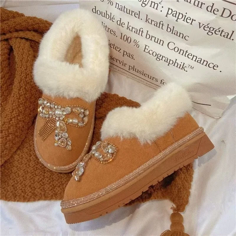 Heavy industry pearl water diamond beaded edge women's cotton shoes, winter thickened round toe anti-slip snow boots 35-40
