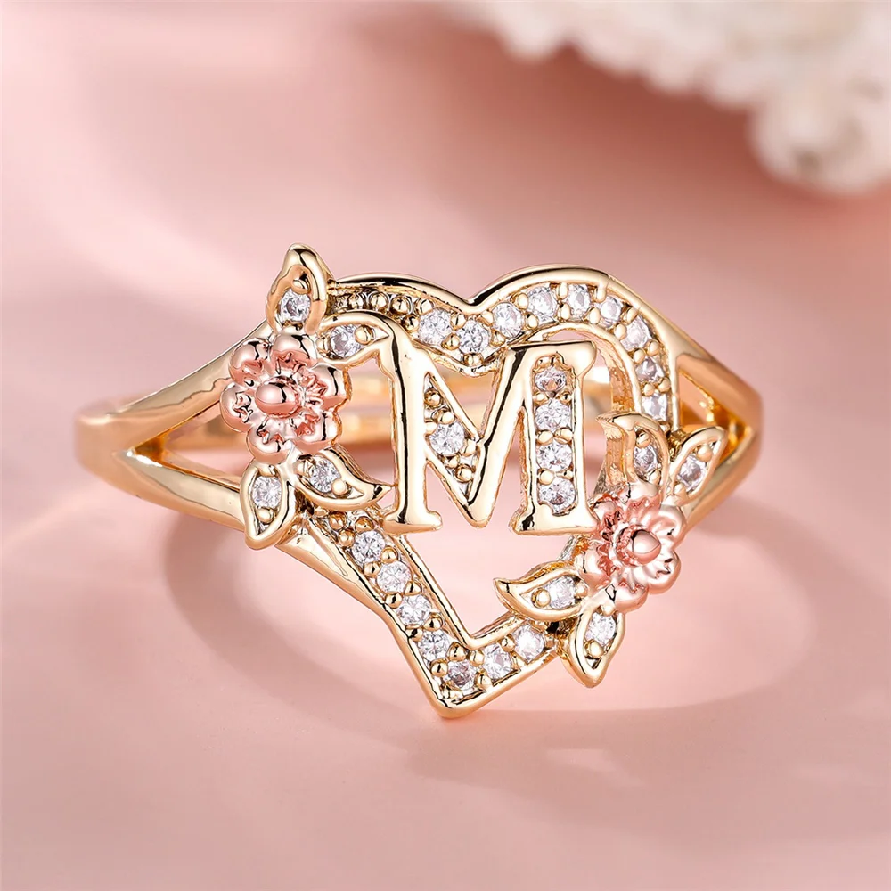Cute Female A-Z Letter Rose Flower Wedding Rings Promise Open Adjustable Engagement Jewelry For Women