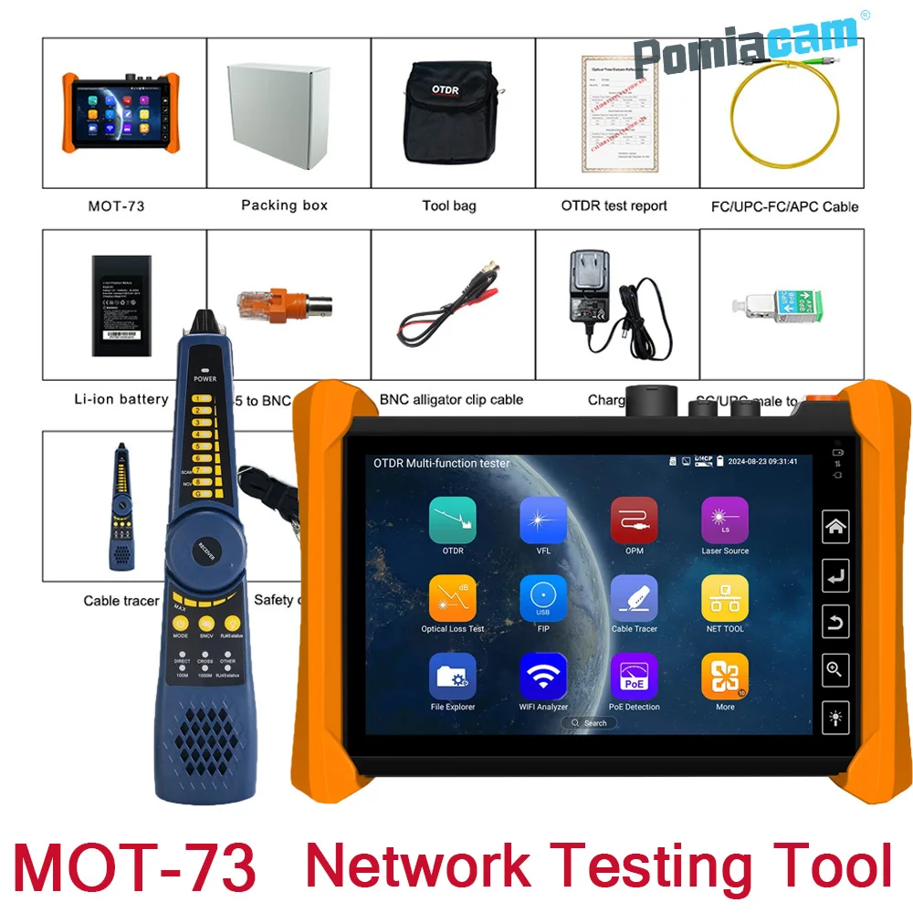 

OTDR-тестер MOT-73 для оптоволокна, 28/26 дБ, 7-дюймовый сенсорный экран, карта событий, тест оптической потери, сетевые инструменты, определение местоположения неисправностей OTDR, PON