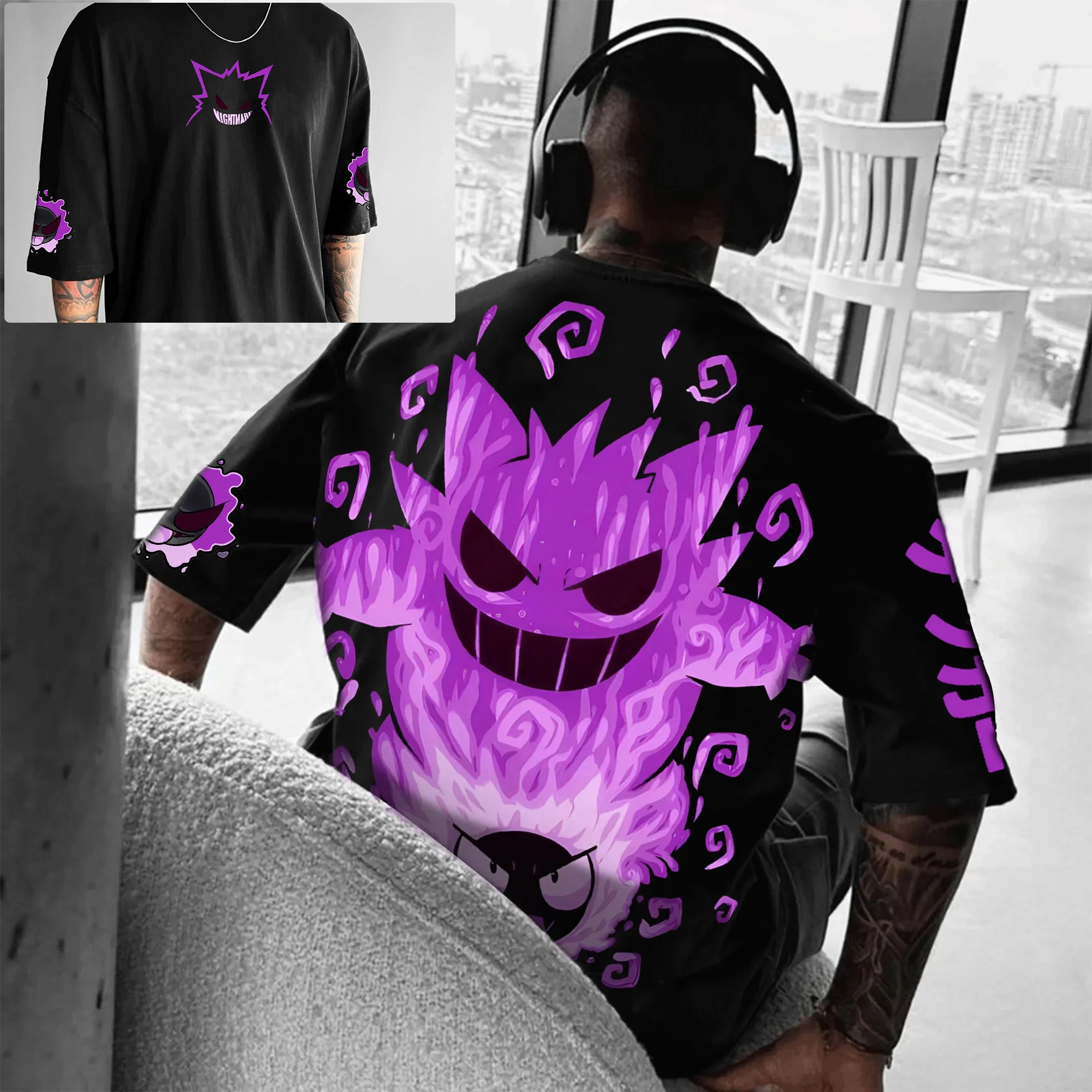 Camisa de ombro de outono de Pikachu dos desenhos animados para homens e mulheres elementos Pokmon impressos diariamente fora da rua com mangas curtas