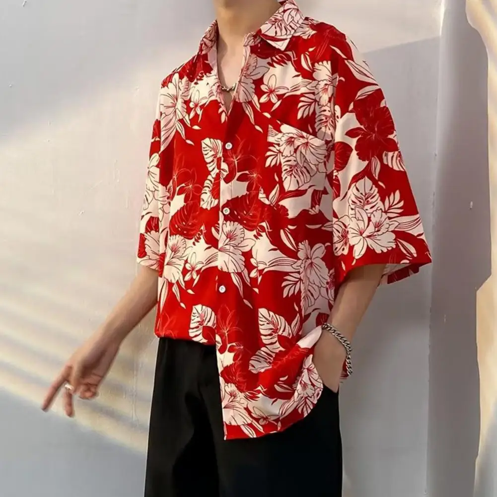 

Vacation Men Shirt Stylish Men's Floral Print Hawaiian Vacation Shirt Loose Fit Lapel Collar Chest Pocket for Summer Beach